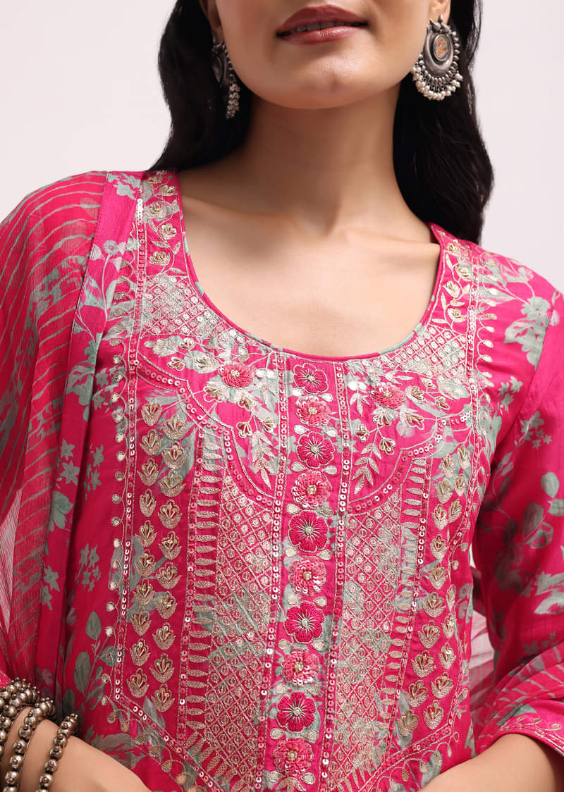 Pink Printed Tussar Kurta Sharara Set With Gotta Pati