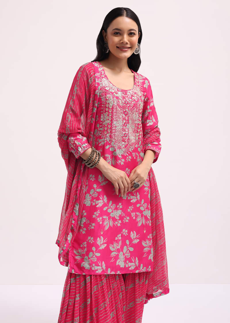Pink Printed Tussar Kurta Sharara Set With Gotta Pati