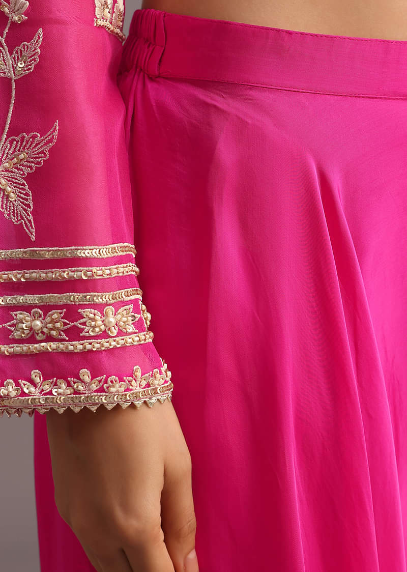 Pink Resham Work Kurti Palazzo Suit