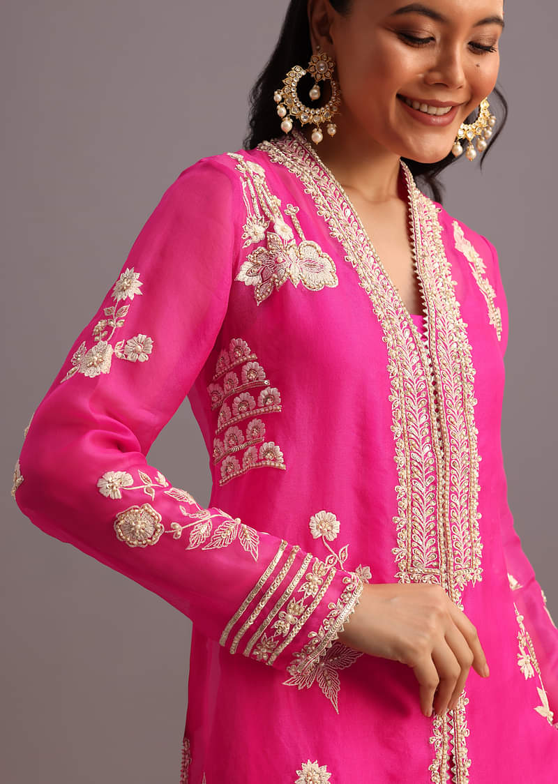 Pink Resham Work Kurti Palazzo Suit