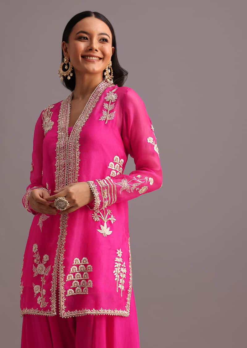 Pink Resham Work Kurti Palazzo Suit