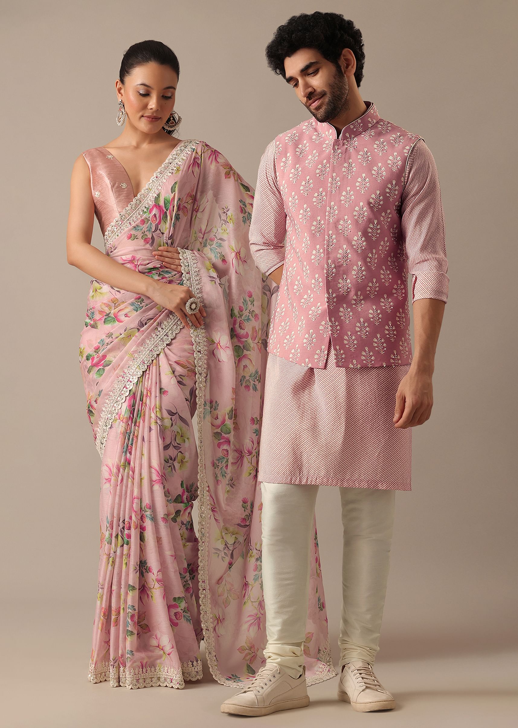 Buy Pink Saree And Kurta Jacket Couple Set