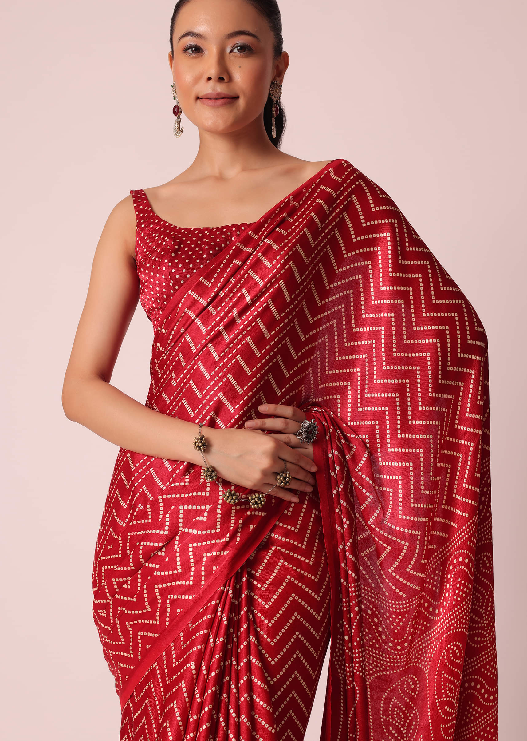 Buy Pink Satin Bandhani Saree With Unstitched Blouse Piece
