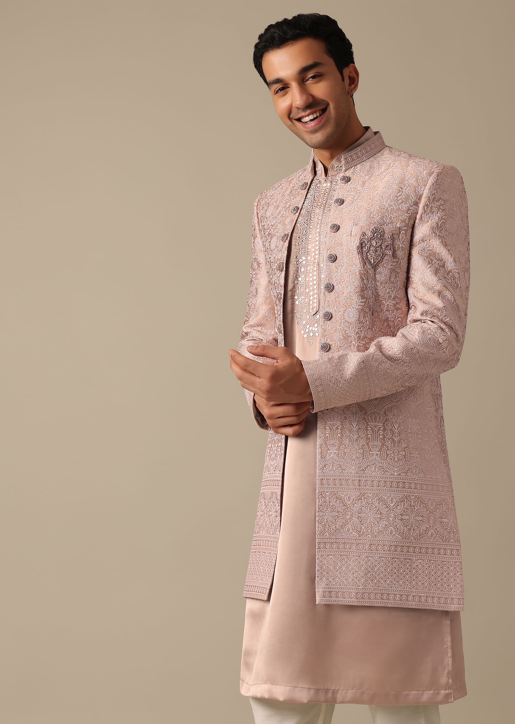 Buy Pink Satin Silk Sherwani And Kurta Set KALKI Fashion India