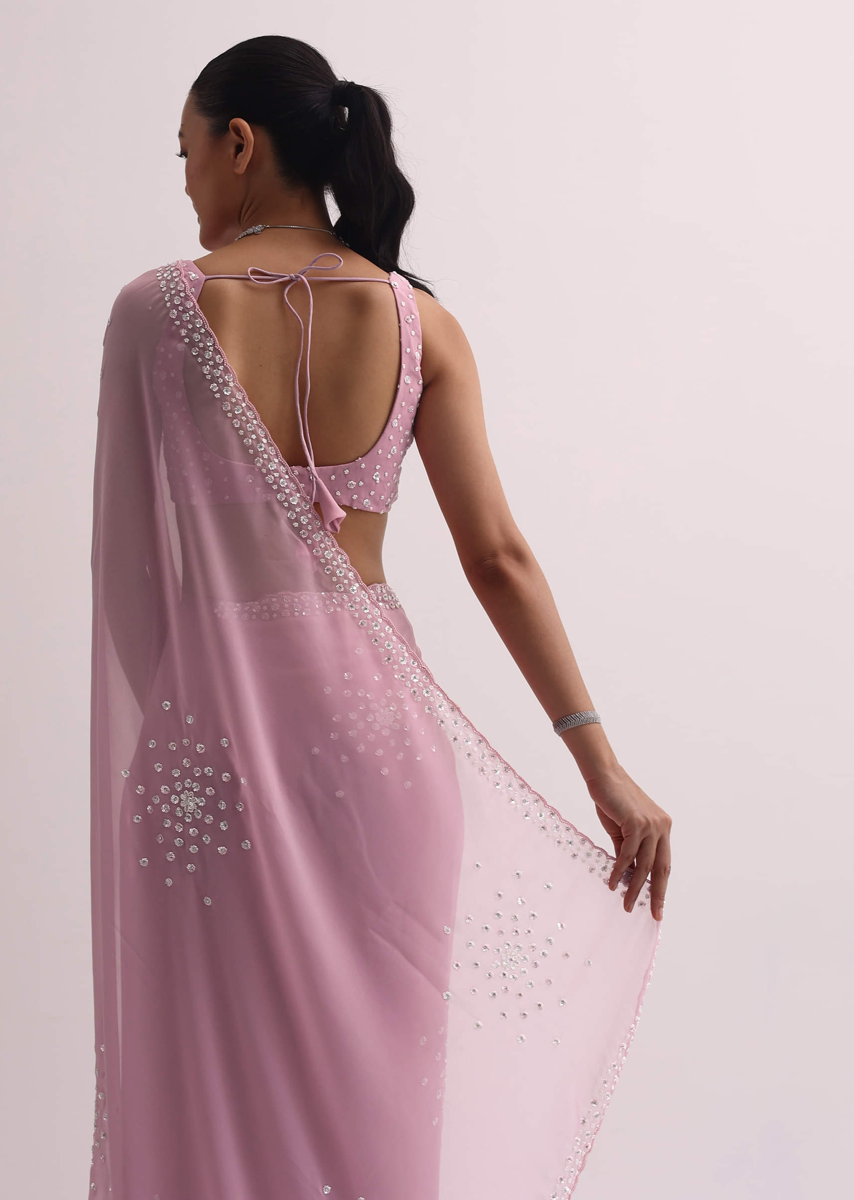 Buy Pink Sequin Saree With Unstitched Blouse