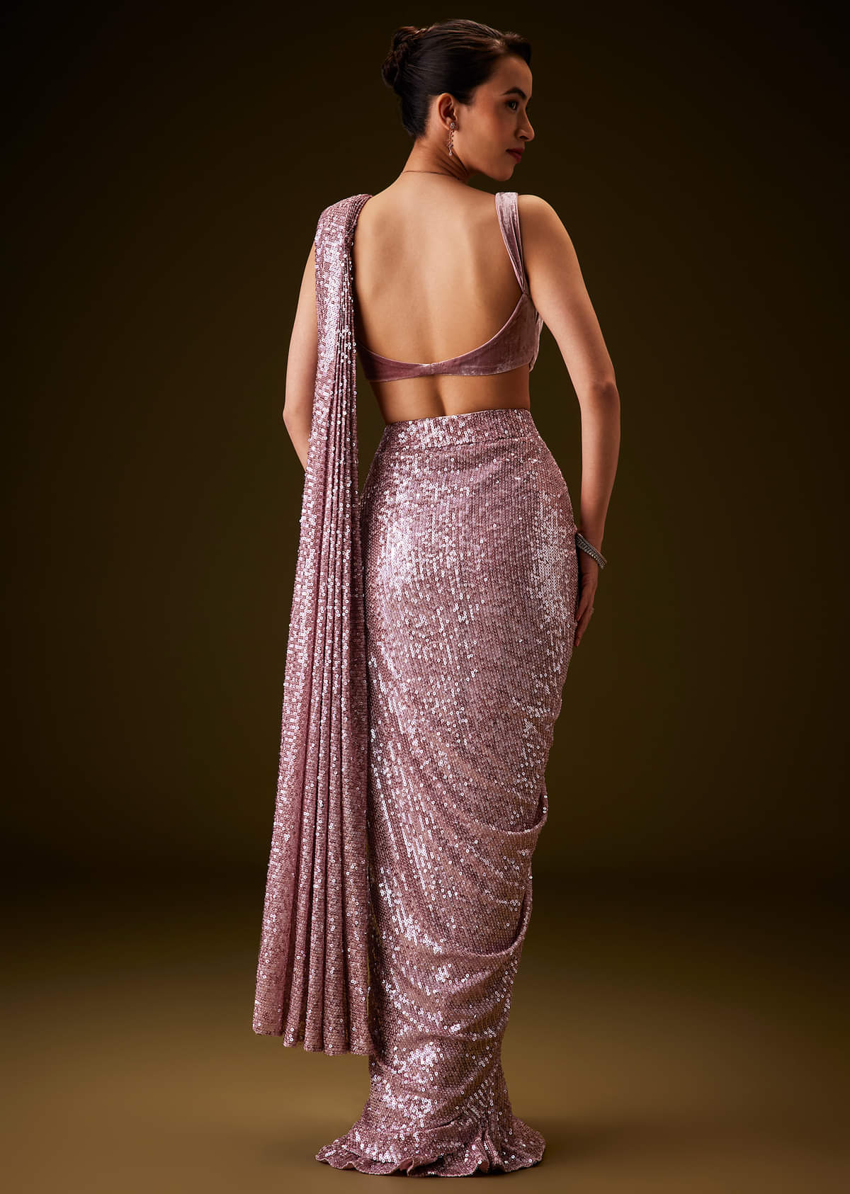  Pink Sequins Ready Pleated Saree with Velvet Backless Blouse