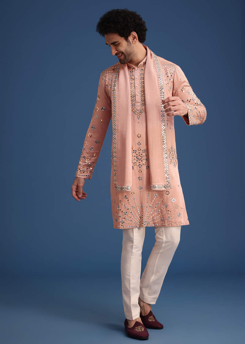 Pink Silk Blend Mirror Embroidered Kurta Dupatta Set