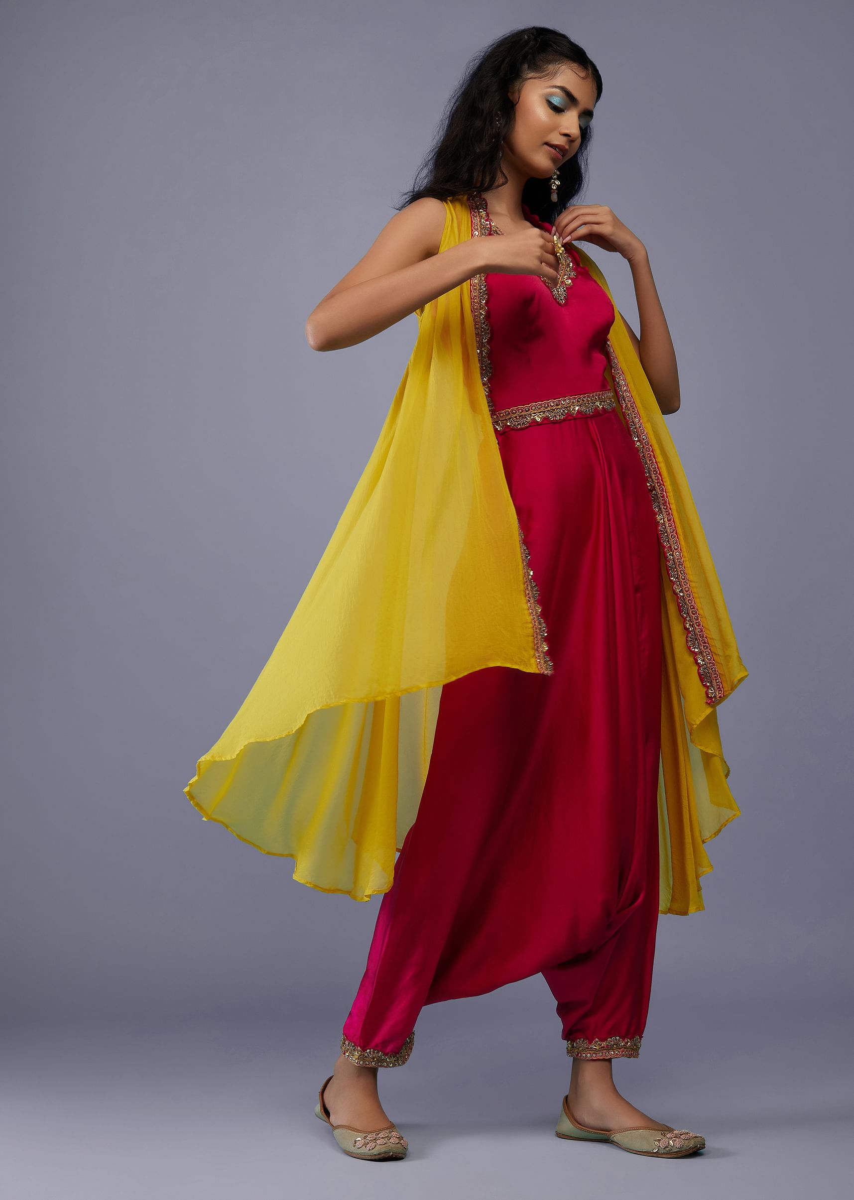 Buy Carmine Red Embroidered Dhoti Jumpsuit With Yellow Organza Shrug KALKI Fashion India