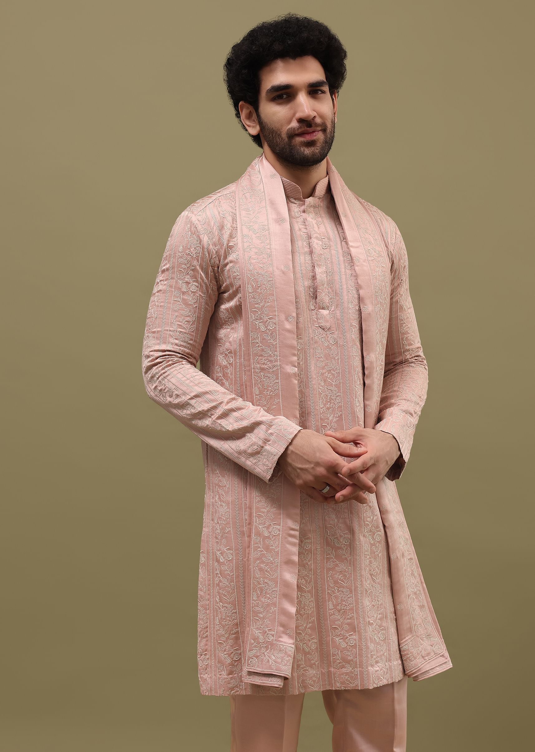 Buy Pink Silk Kurta Set In Resham Work With Dupatta For Men KALKI Fashion india