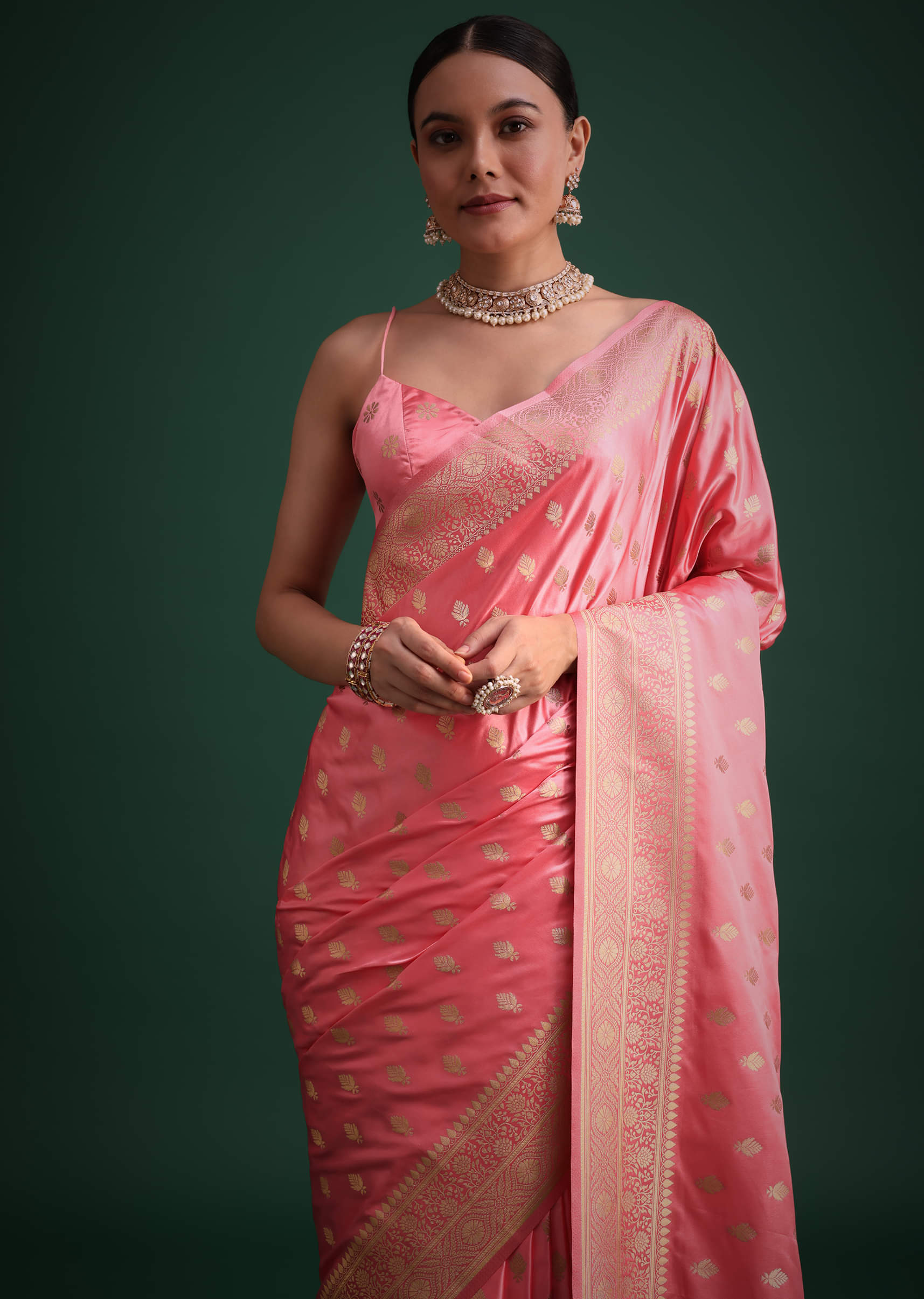 Buy Pink Silk Saree With Double Border And Zari Embroidered Butti All Over|  KALKI Fashion India
