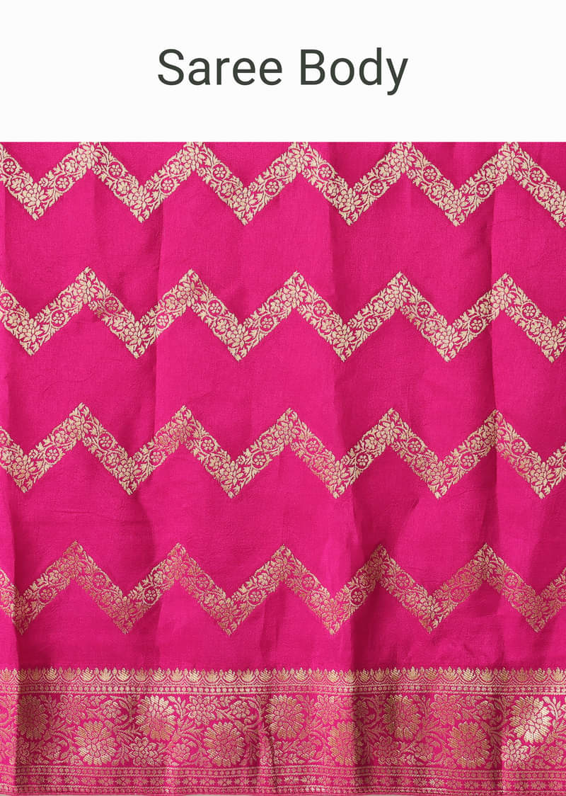 Pink Silk Saree with Zari Zig Zag Detail And Unstitched Blouse Piece