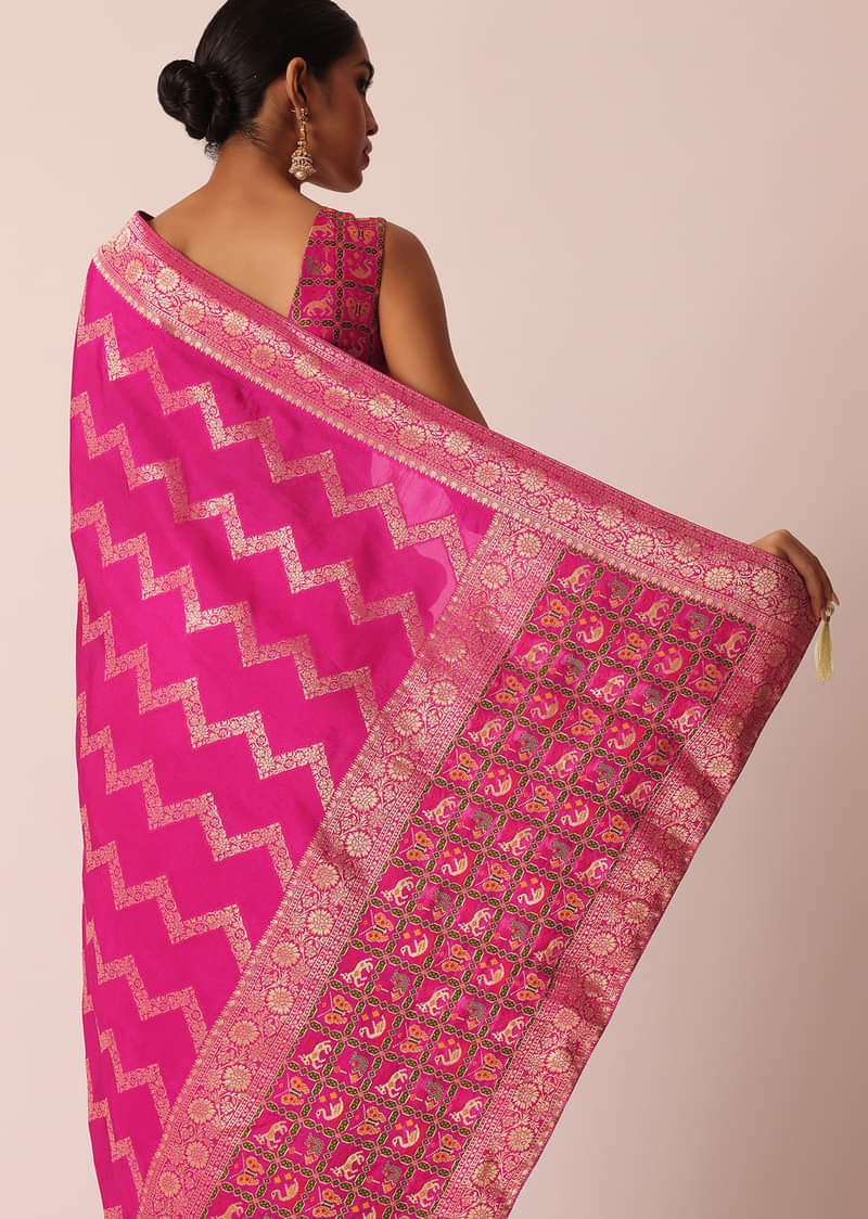 Pink Silk Saree with Zari Zig Zag Detail And Unstitched Blouse Piece