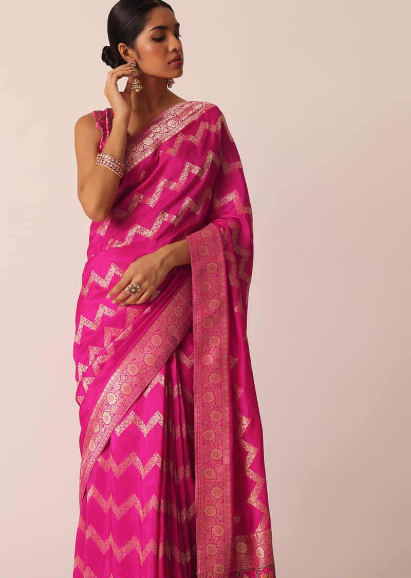 Pink Silk Saree with Zari Zig Zag Detail And Unstitched Blouse Piece