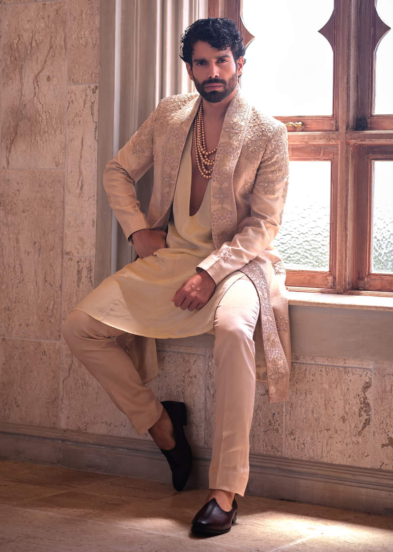 Pink Silk Sherwani For Groom With Resham And Zardosi Detailing