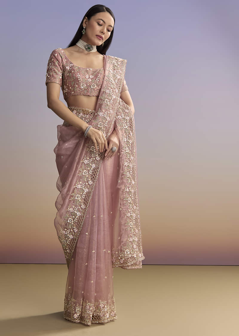 Pink Tissue Saree With Floral Hand Embroidery And Cutwork Border