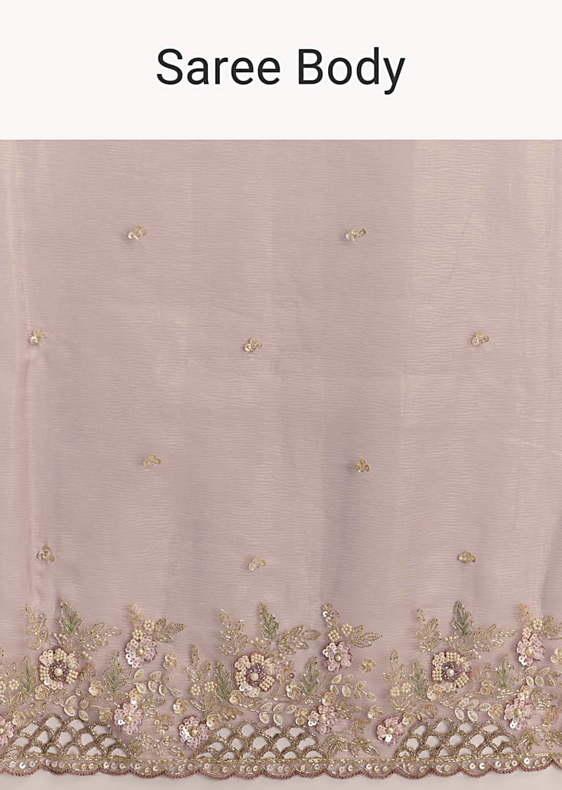 Pink Tissue Saree With Floral Hand Embroidery And Cutwork Border