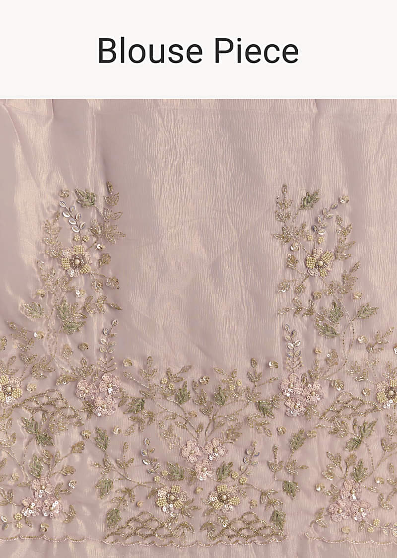 Pink Tissue Saree With Floral Hand Embroidery And Cutwork Border