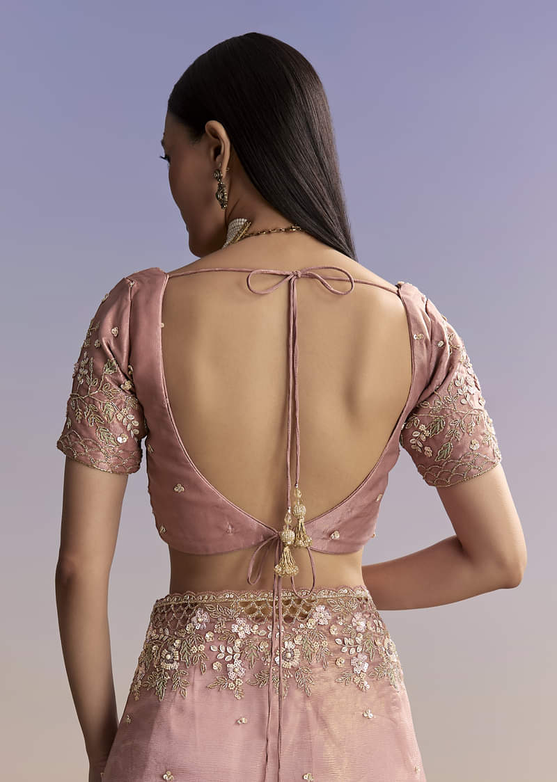 Pink Tissue Saree With Floral Hand Embroidery And Cutwork Border