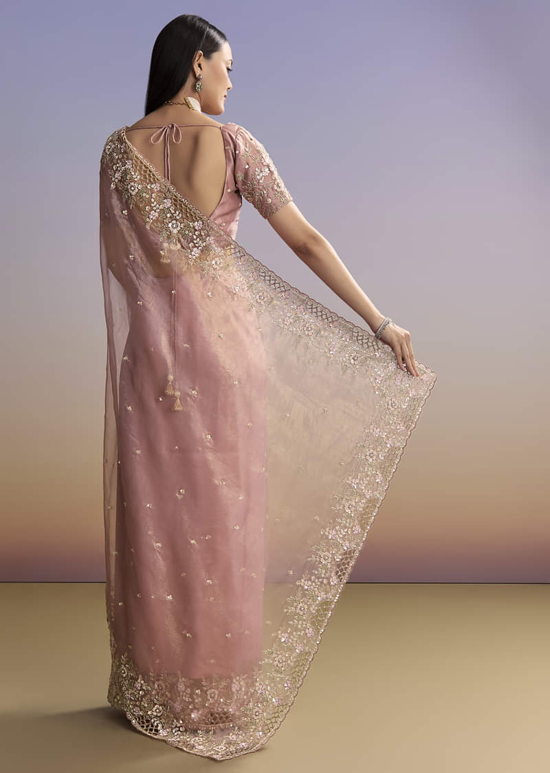 Pink Tissue Saree With Floral Hand Embroidery And Cutwork Border