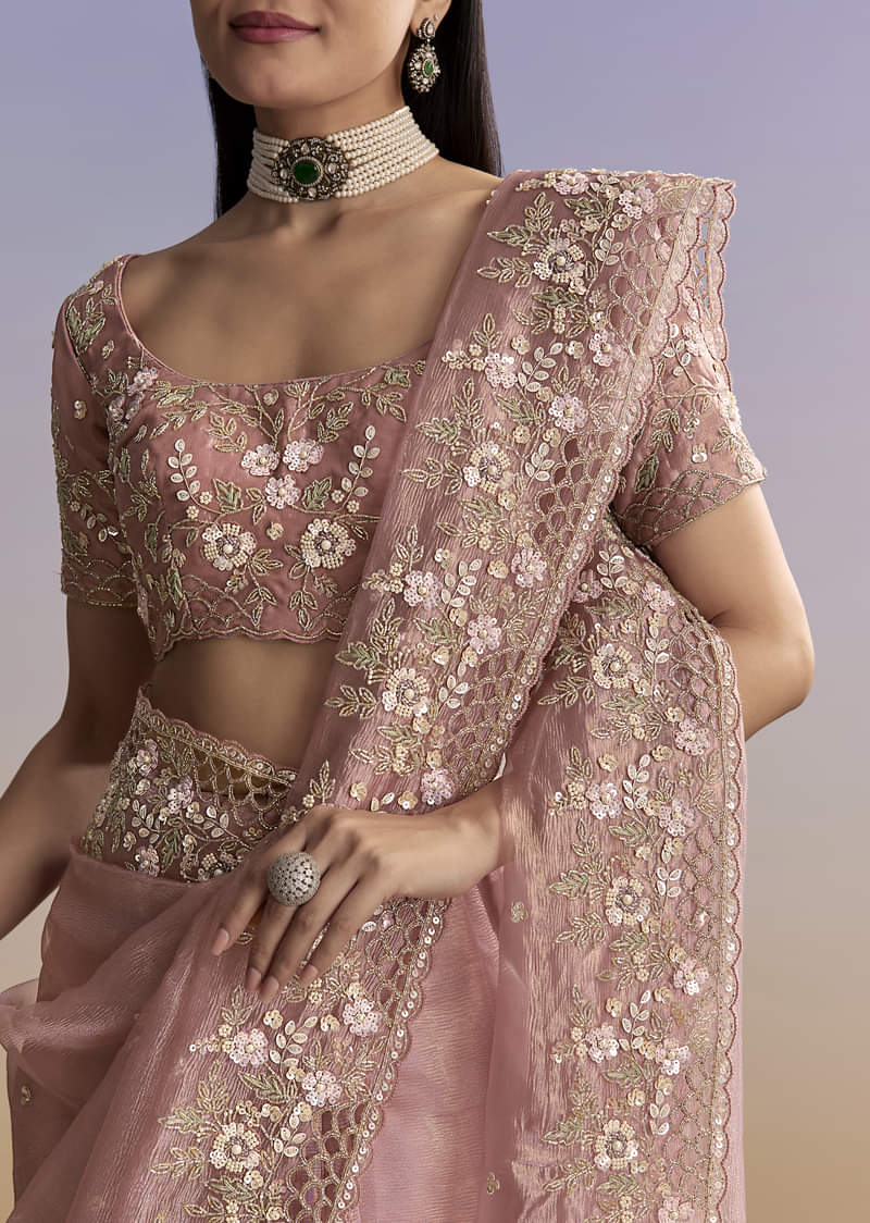 Pink Tissue Saree With Floral Hand Embroidery And Cutwork Border