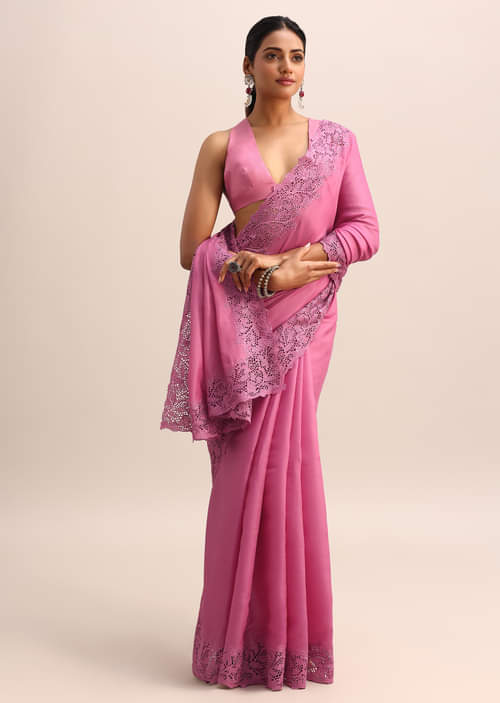 Pink Tussar Silk Saree With Thread And Cutwork On Border Pallu With Unstitched Blouse