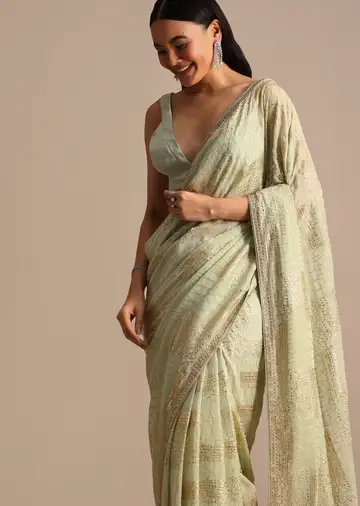 Pista Green Embroidered Georgette Saree With Unstitched Blouse