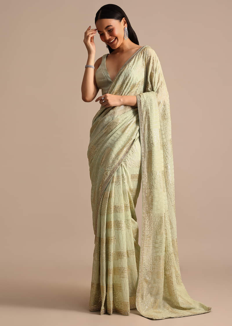 Pista Green Embroidered Georgette Saree With Unstitched Blouse