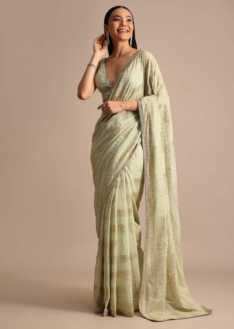Pista Green Embroidered Georgette Saree With Unstitched Blouse