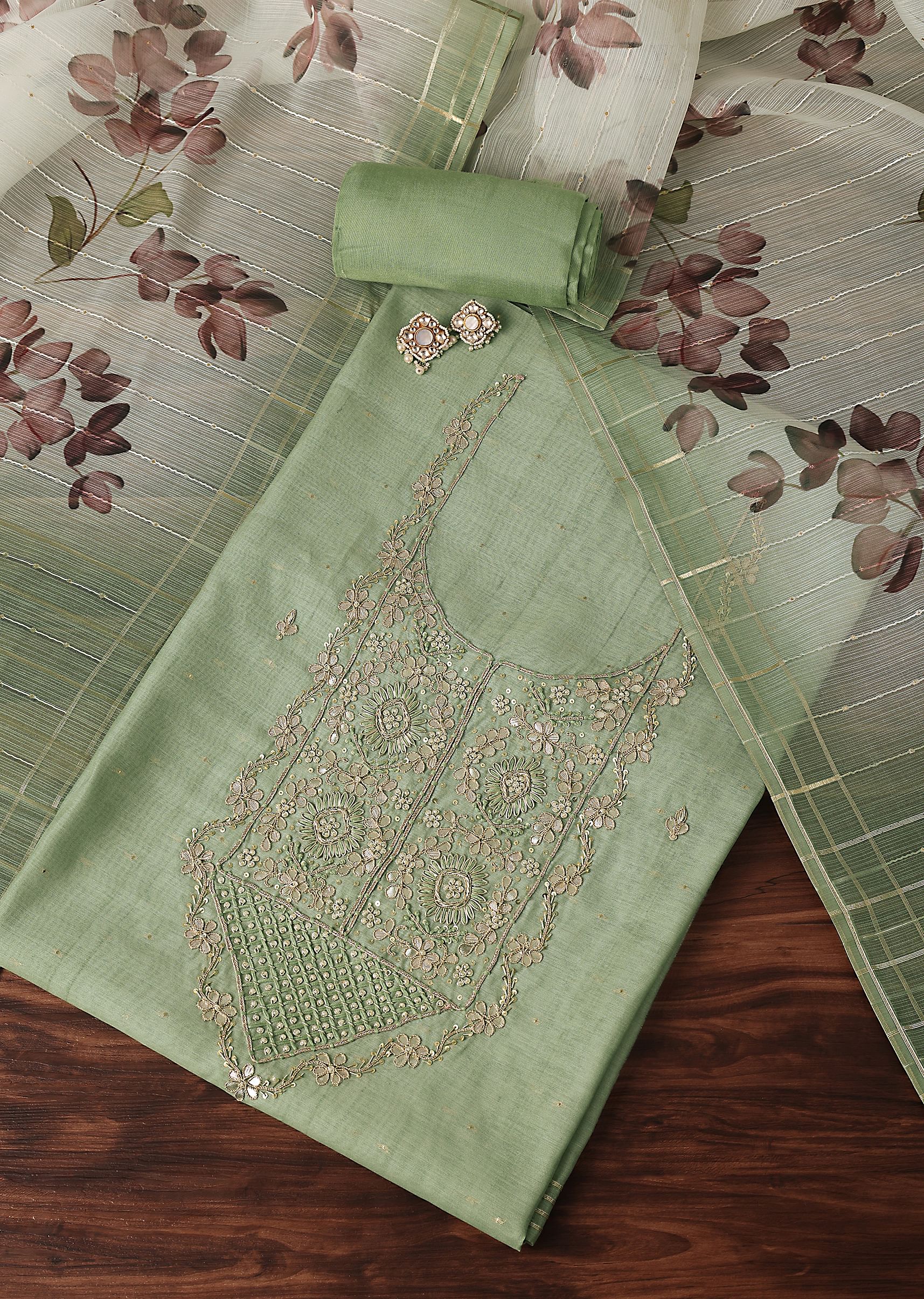 Buy Pista Green Gotta Patti Embroidered Chanderi Silk Top with Organza Floral Printed Unstitched Dress Material Online in India