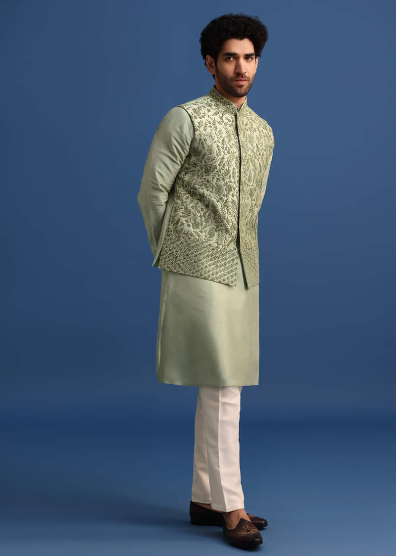 Pista Green Kurta Jacket Set With Resham Work For Men