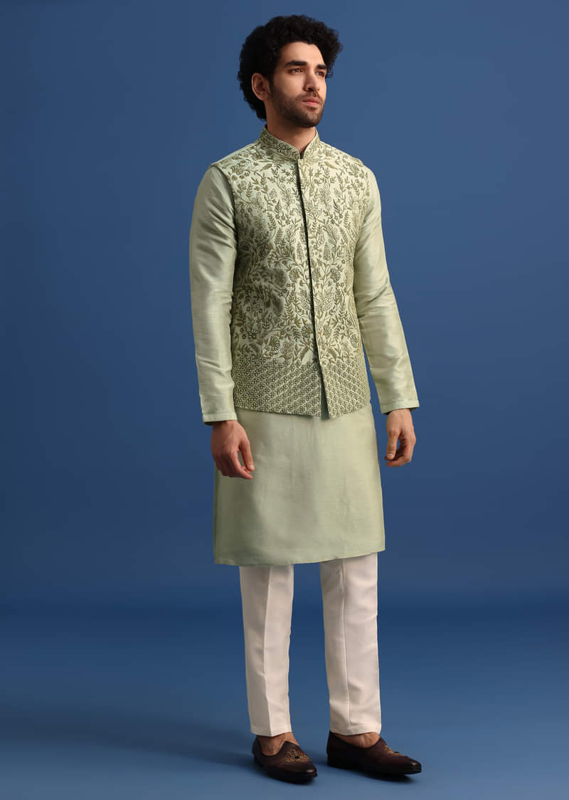 Pista Green Kurta Jacket Set With Resham Work For Men