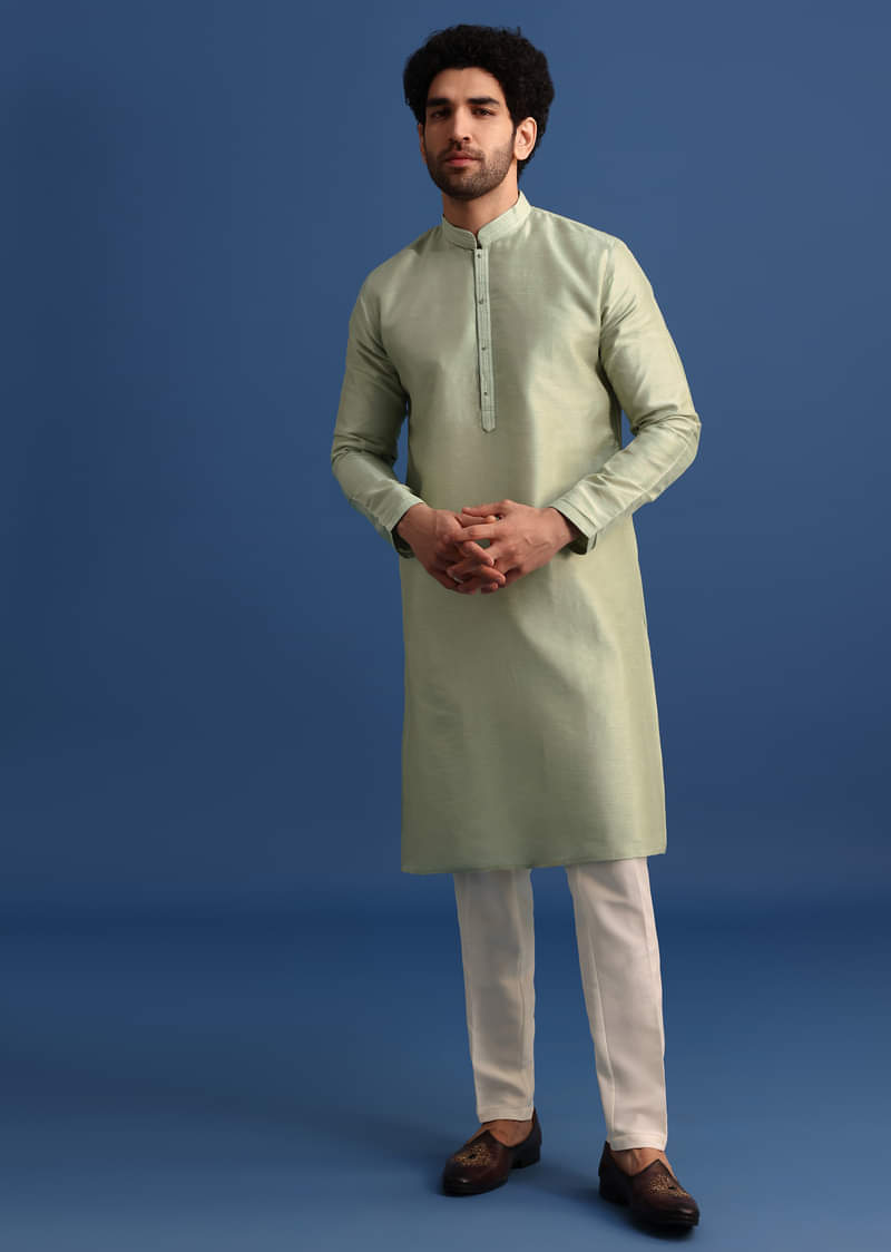 Pista Green Kurta Jacket Set With Resham Work For Men