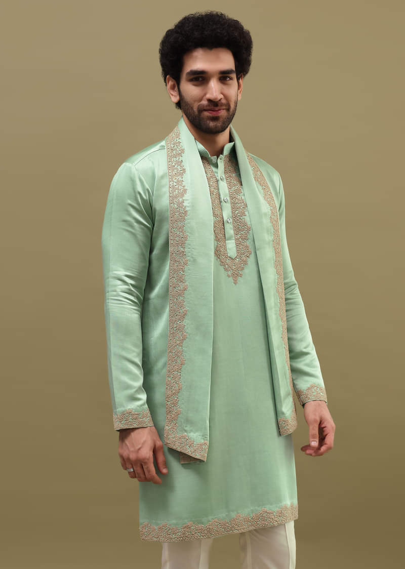 Pista Green Kurta Set In Resham Work With Dupatta For Men