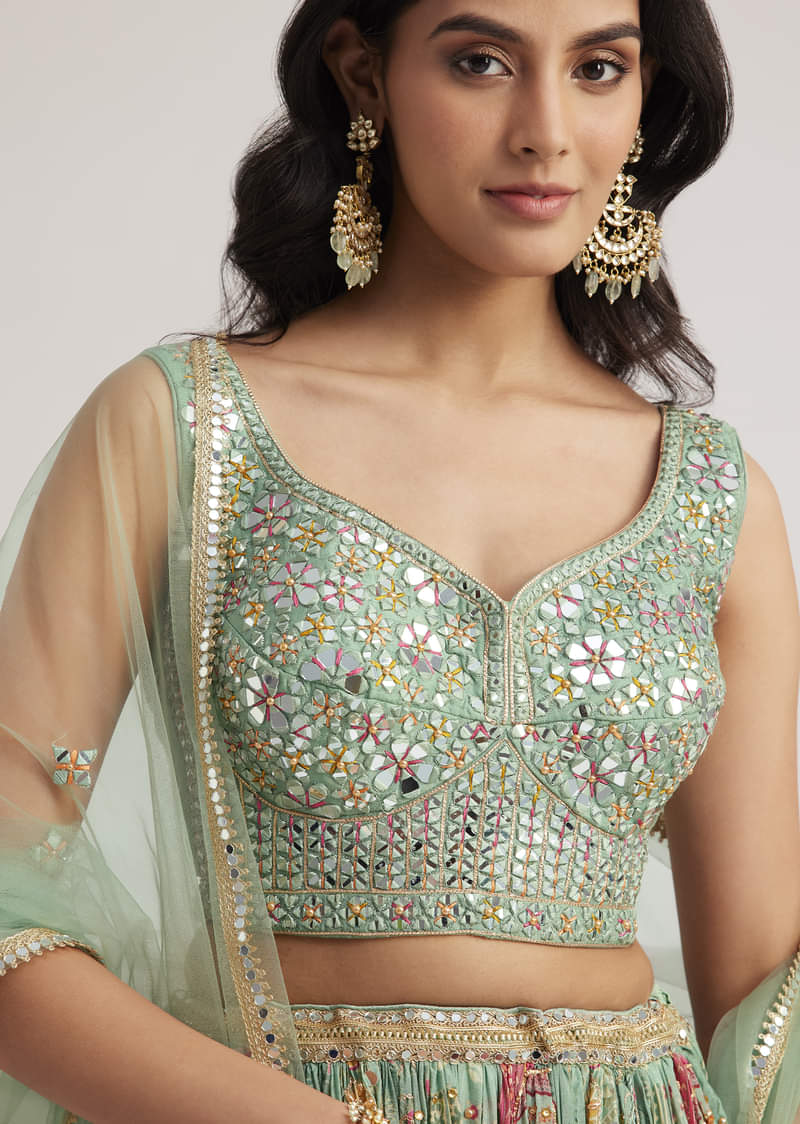 Pista Green Mirror And Zari Embroidered Lehenga Set