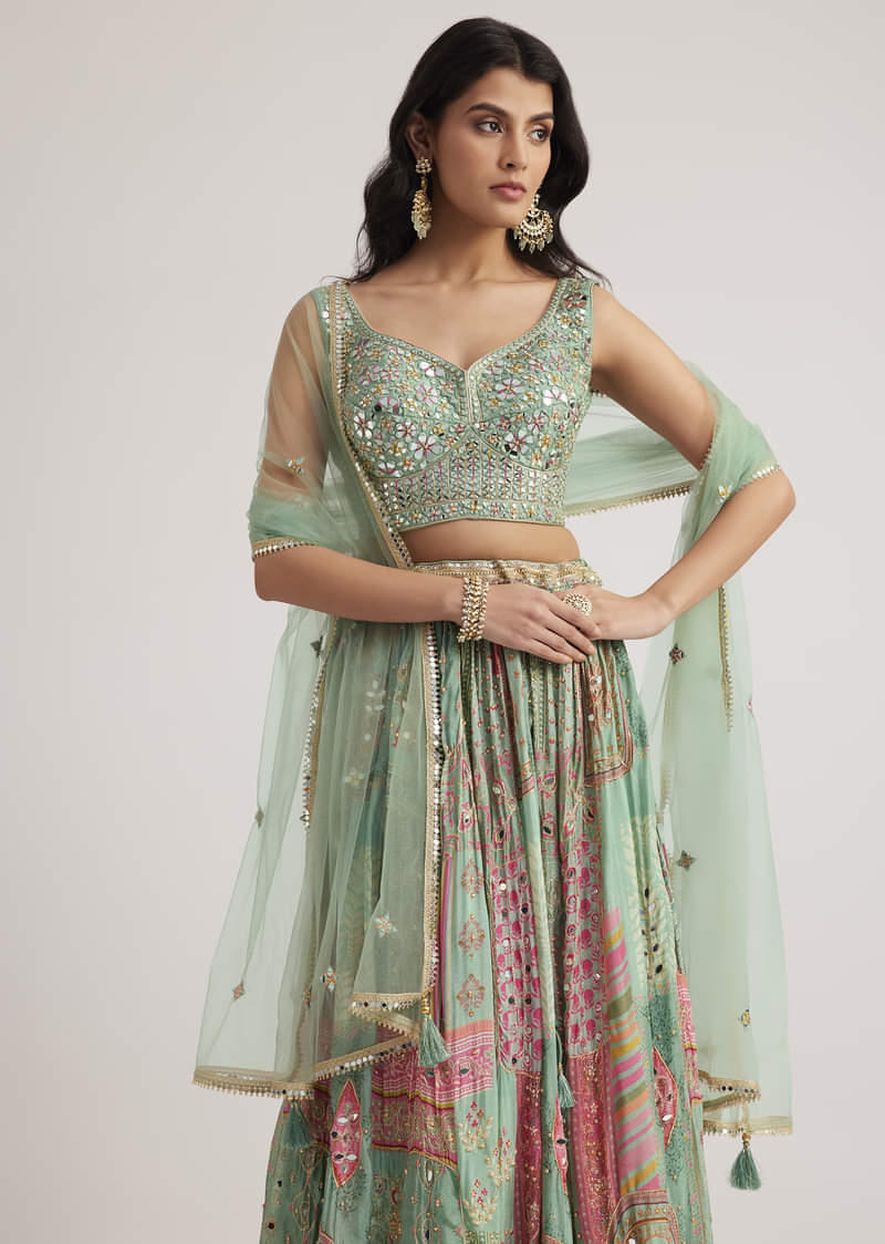 Pista Green Mirror And Zari Embroidered Lehenga Set