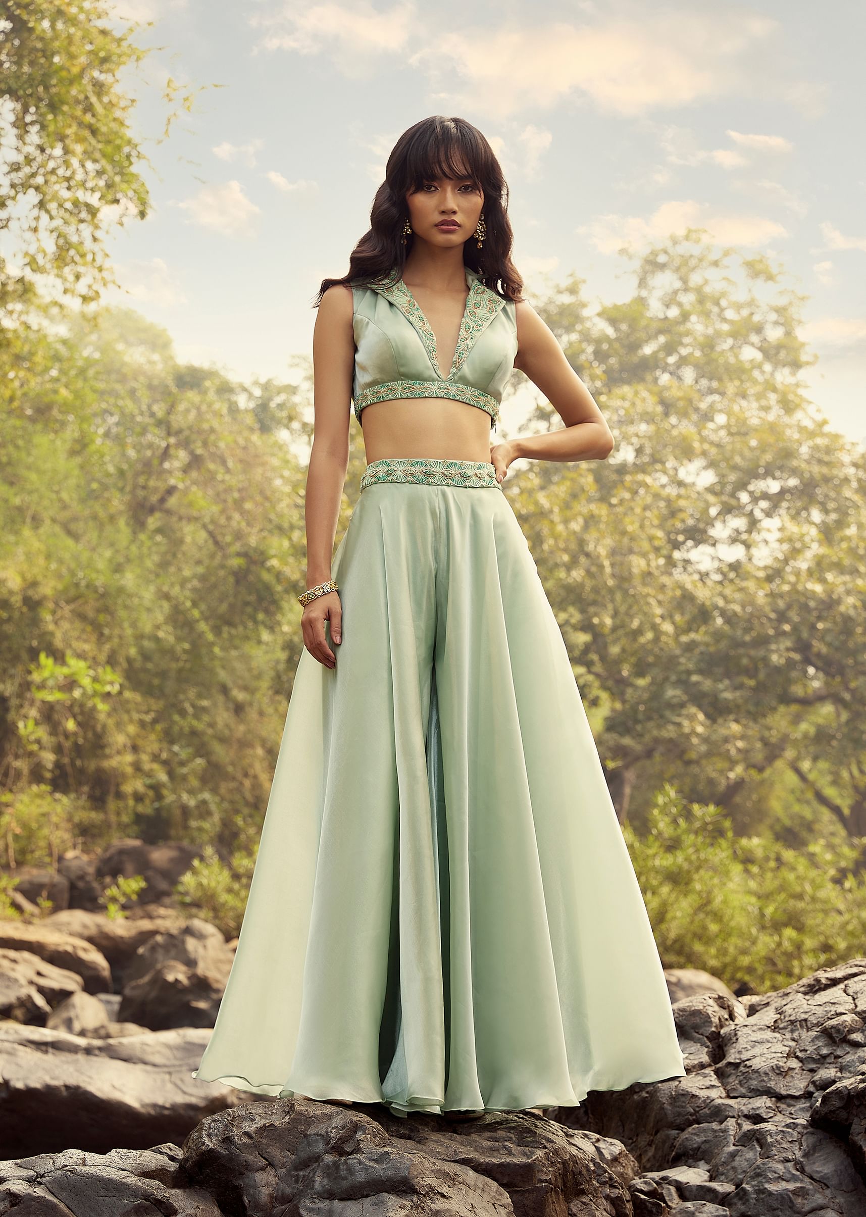 Buy Green Palazzo And Crop Top With Plunging Collar Neckline And Shaded Green Bead Work Online Kalki Fashion
