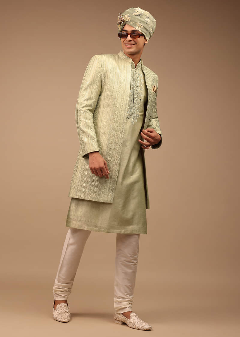 Pista Green Sherwani With Intricate Resham And Mirror Work