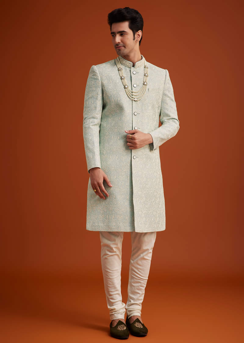 Pista Green Silk Sherwani Set With Beads Embroidery On Collar