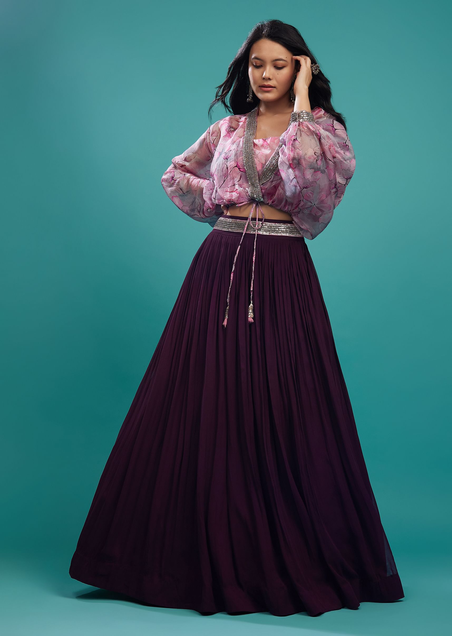 Buy Wine Purple Skirt And Printed Shrug Top KALKI Fashion India
