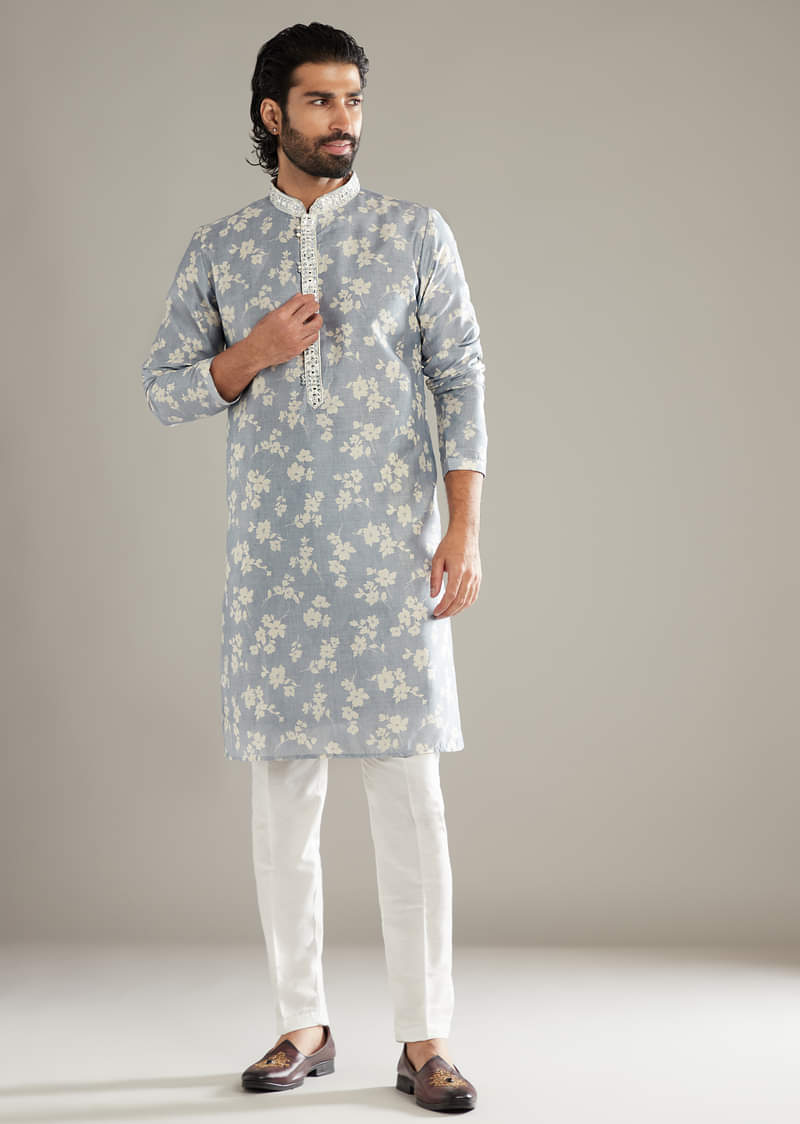 Powder Blue Kurta Set For Men With Floral Print And Mirror Work