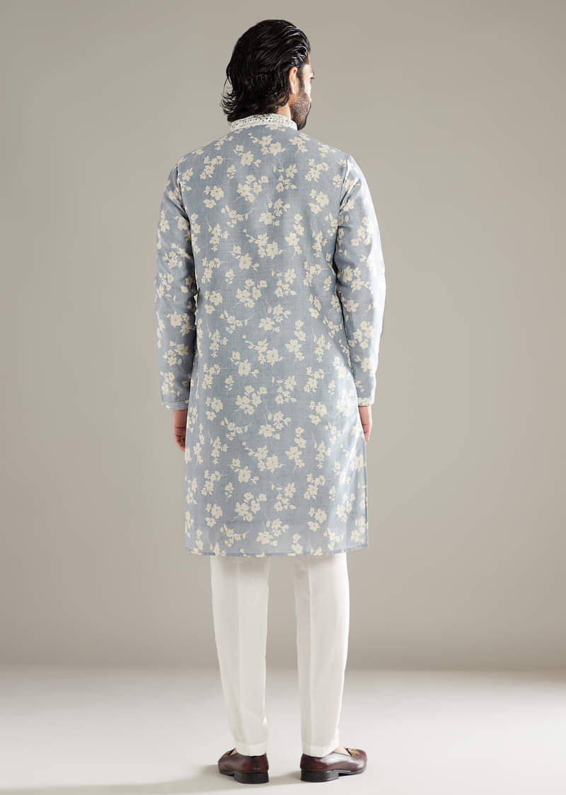 Powder Blue Kurta Set For Men With Floral Print And Mirror Work