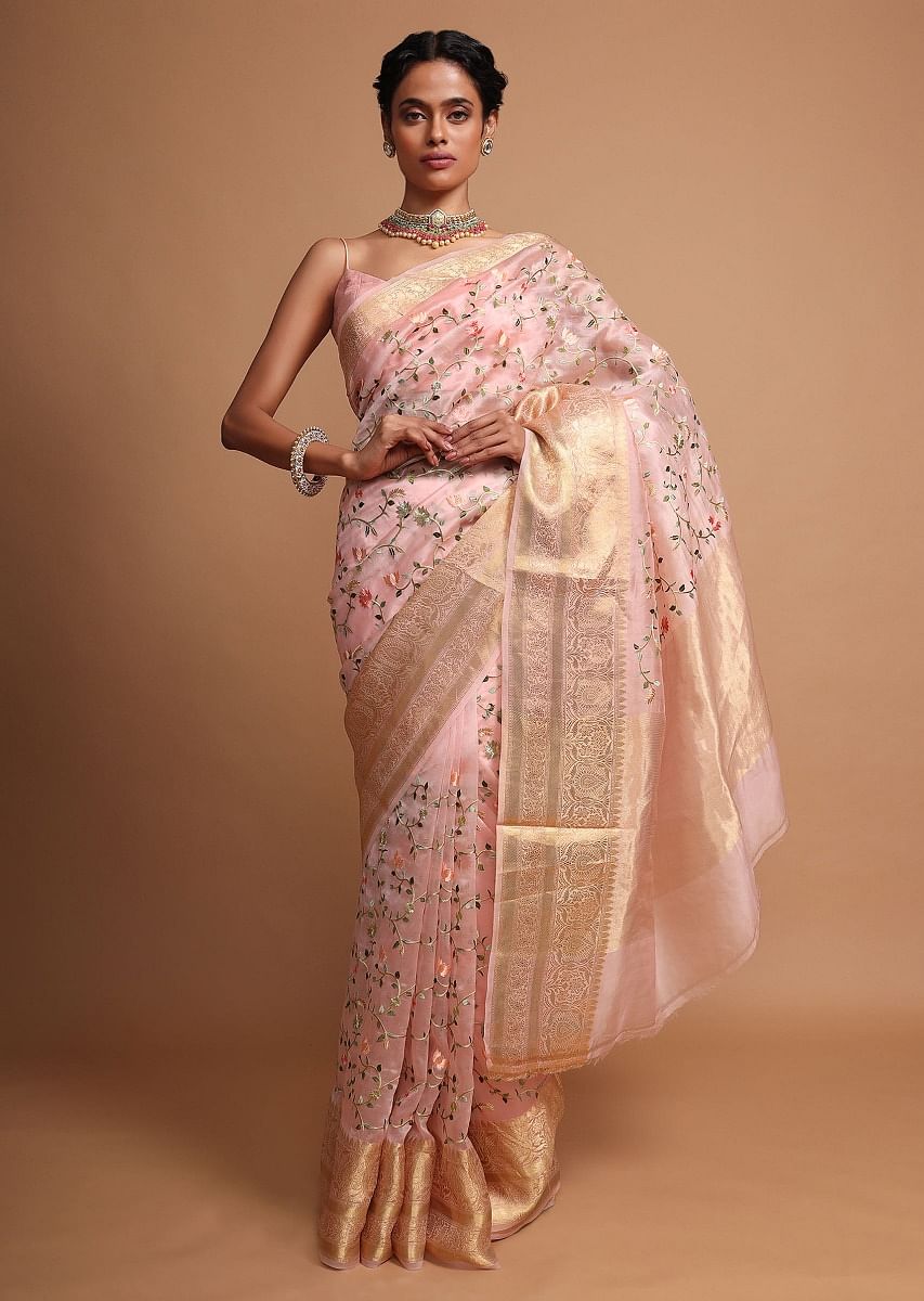 Buy Powder Pink organza saree with multi color floral jaal work KALKI Fashion India