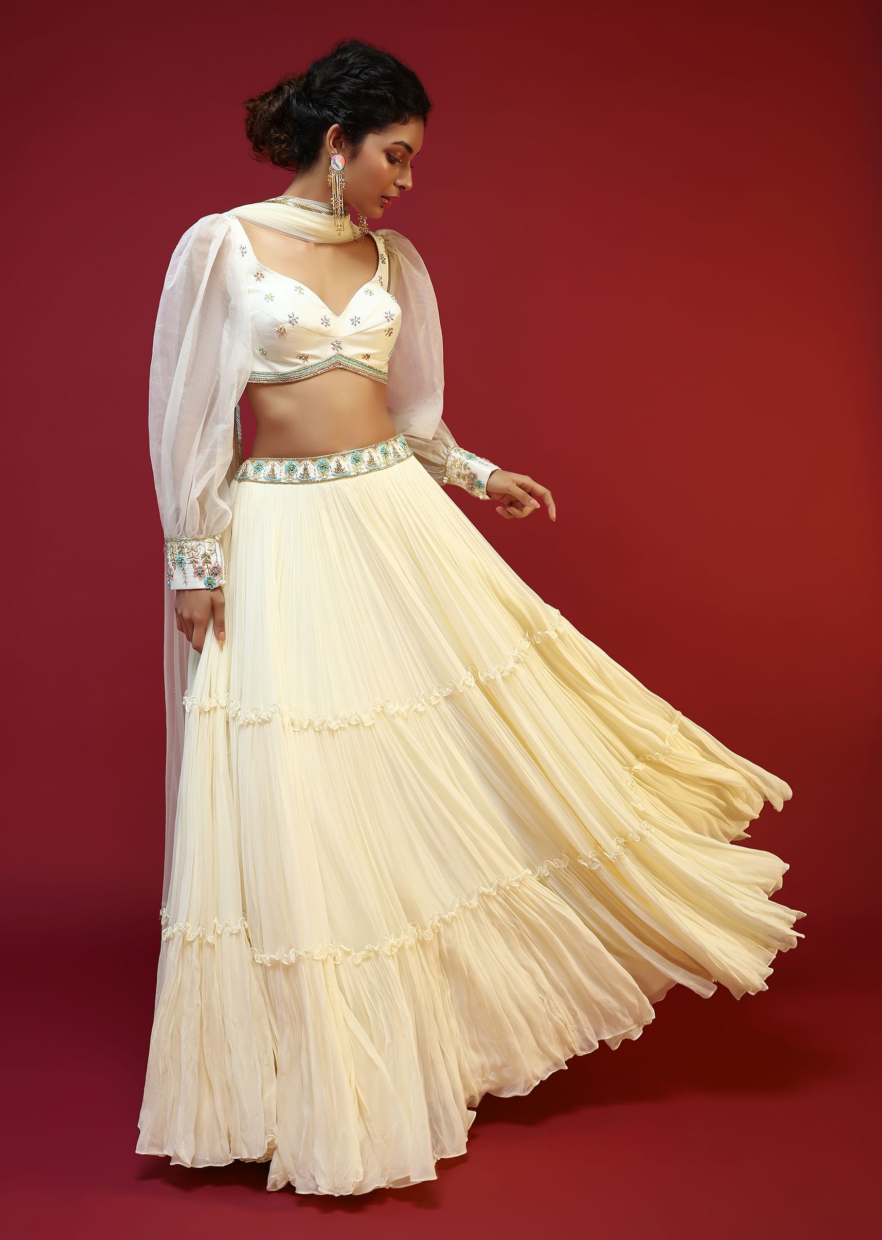 Buy Powder White Lehenga Choli With Elaborate Balloon Sleeves And Multi Colored Hand Embroidered Buttis Online Kalki Fashion