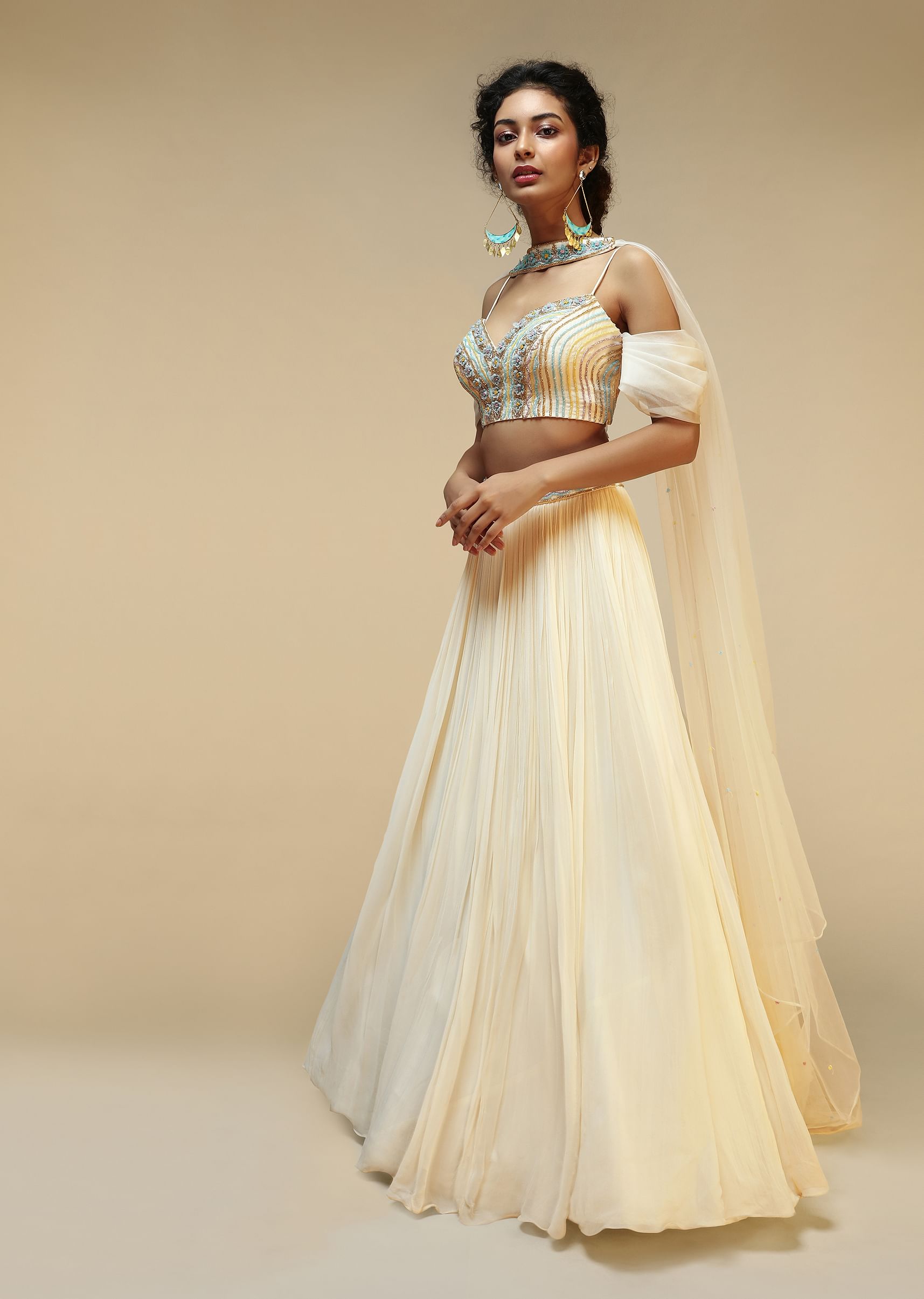 Buy Powder White Lehenga Choli With Pleated Cold Shoulder Sleeves And Multi Colored Hand Embroidery Featuring 3D Flowers Online Kalki Fashion