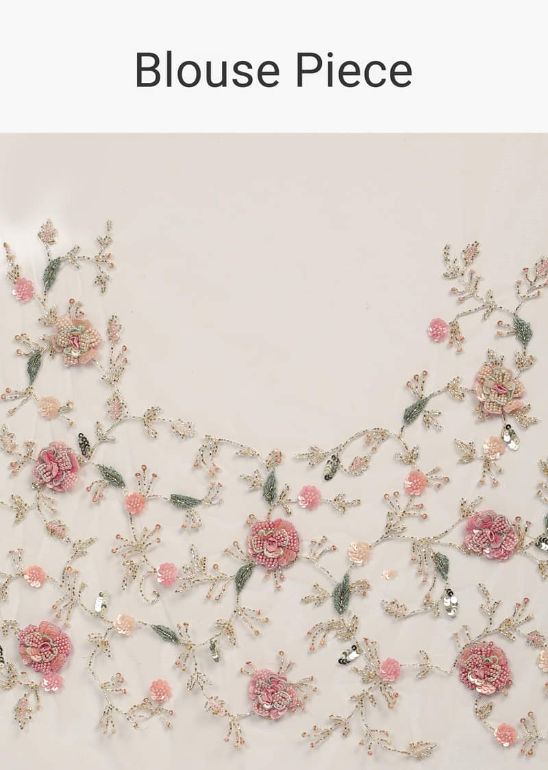Powder White Saree In Organza With 3D Flower Embroidered Border And Buttis Featuring Multi Colored Moti And Sequins  