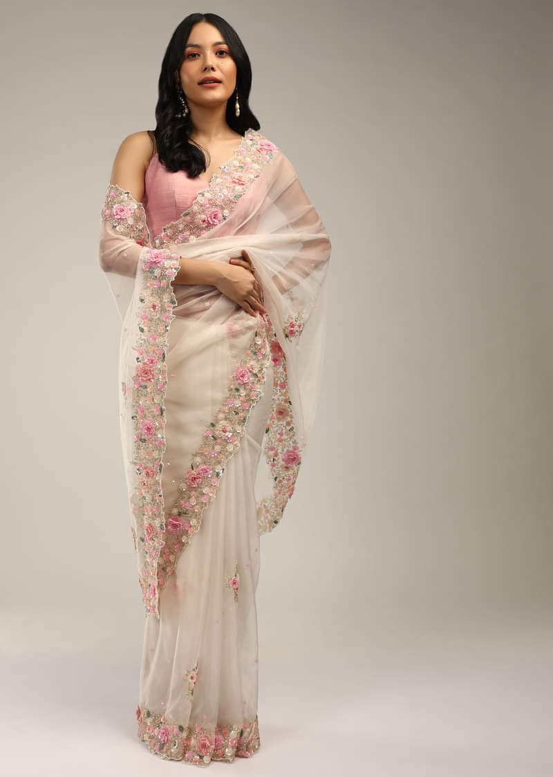 Powder White Saree In Organza With 3D Flower Embroidered Border And Buttis Featuring Multi Colored Moti And Sequins  