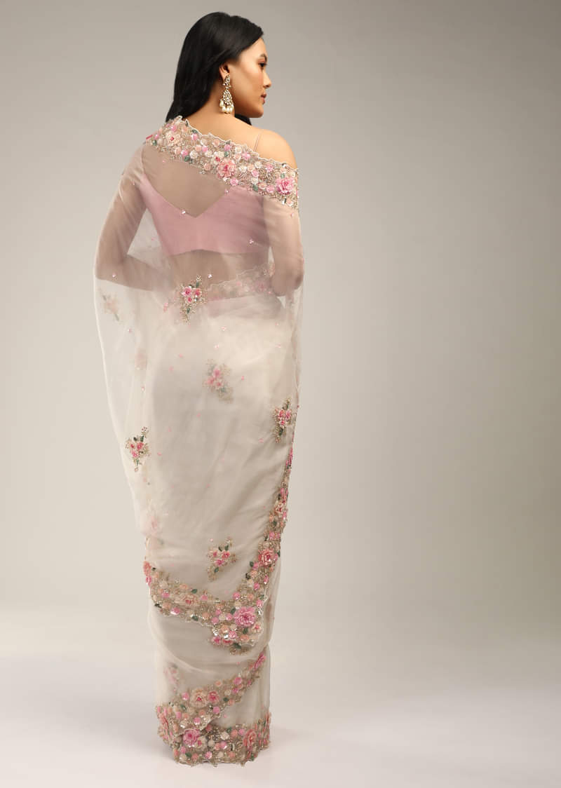 Powder White Saree In Organza With 3D Flower Embroidered Border And Buttis Featuring Multi Colored Moti And Sequins  