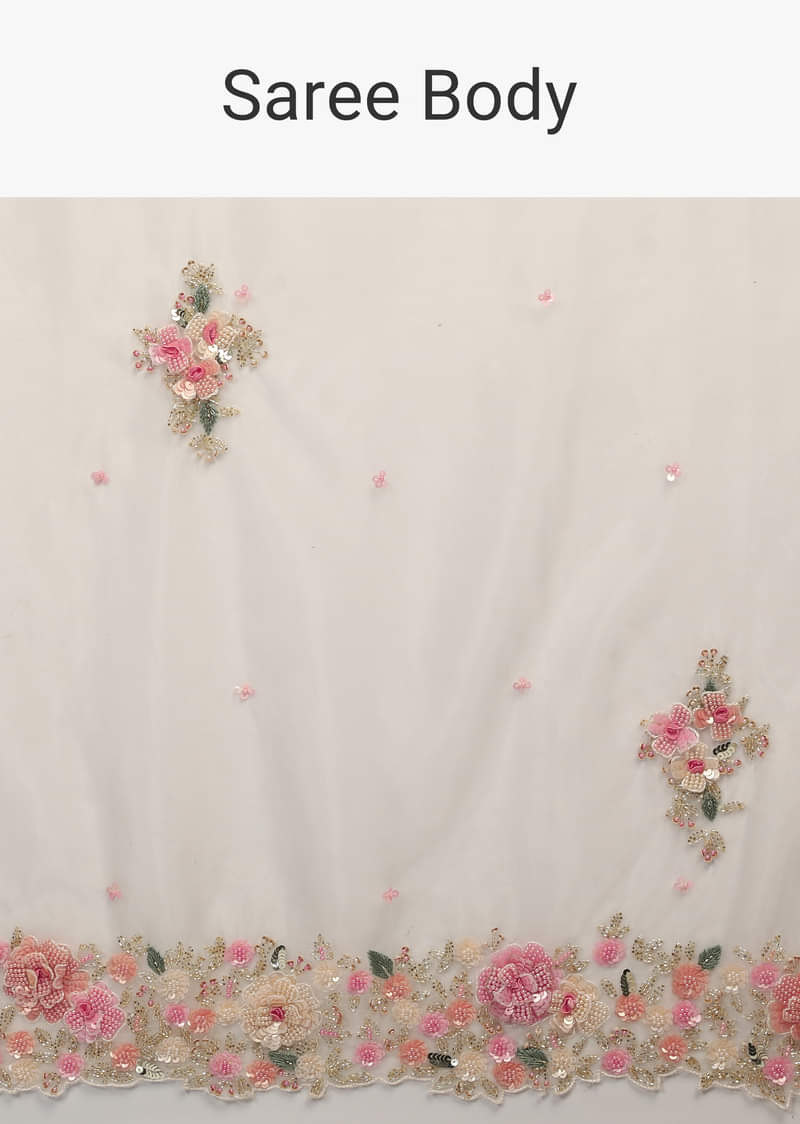 Powder White Saree In Organza With 3D Flower Embroidered Border And Buttis Featuring Multi Colored Moti And Sequins  