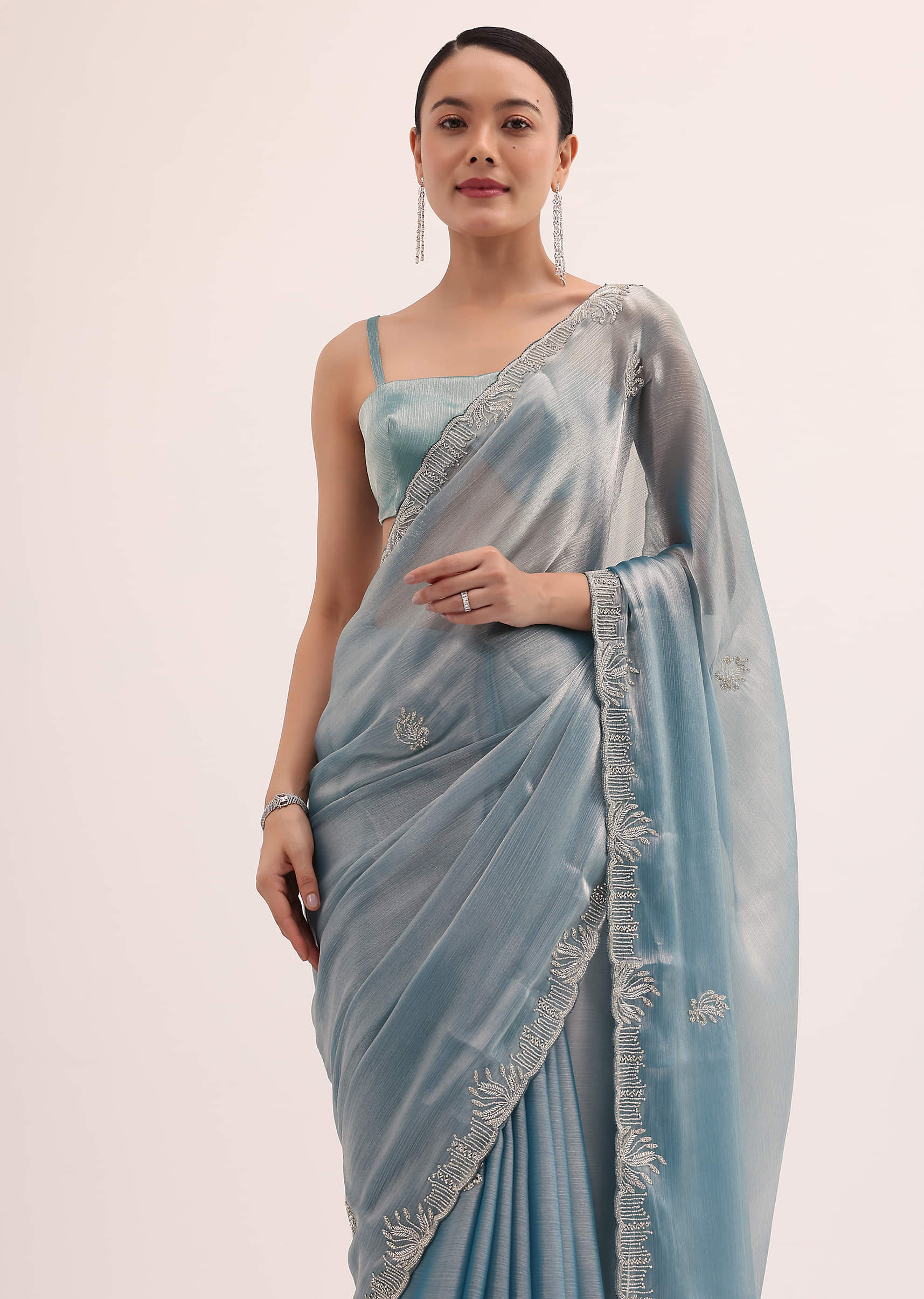 Buy Powder Blue Embroidered Chinnon Saree With Unstitched Blouse