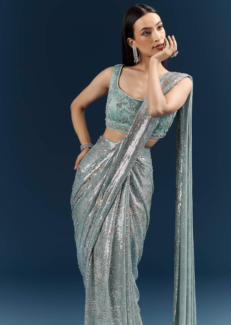 Powder Blue Imported Sequins And Net Ready Pleated Saree With Embroidery